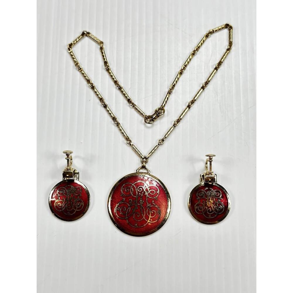 Vintage‎ Ornate Red & Gold Tone Pendant Necklace Matching Earrings Set